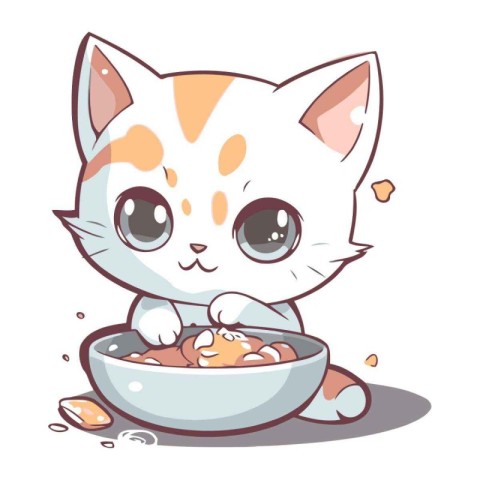 Cute cartoon cat eating food from a bowl. Vector illustration.