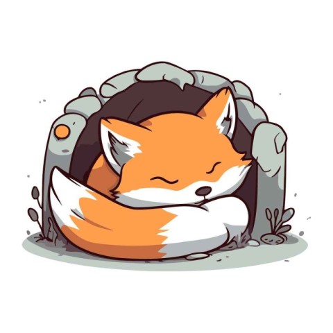 Cute fox sleeping in the cat house. Vector cartoon illustration.