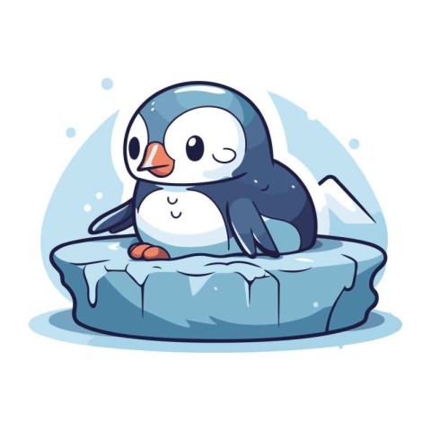 Cute penguin sitting on a piece of ice. Vector illustration.