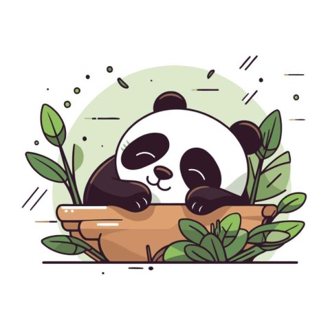 Cute cartoon panda bear sleeping in a pot. Vector illustration.