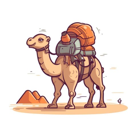 Camel with a backpack on his back. Cartoon vector illustration.