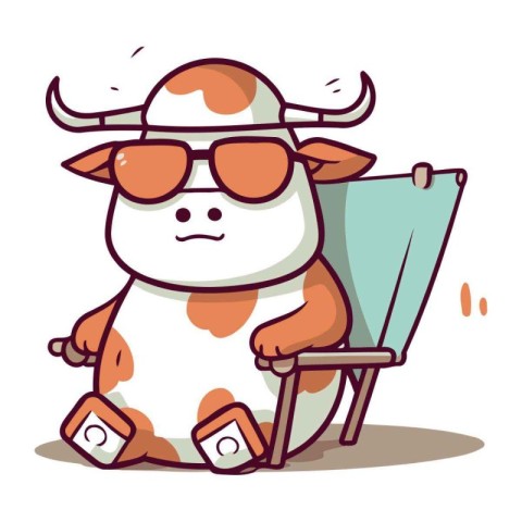 Cute cow in sunglasses sitting on a chair. Vector illustration.