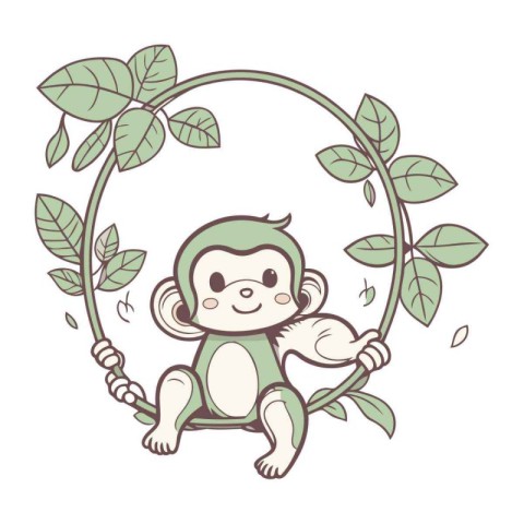 cute monkey cartoon with leafs frame icon vector illustration gr