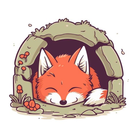 Illustration of a fox sleeping in an igloo. Vector illustration.