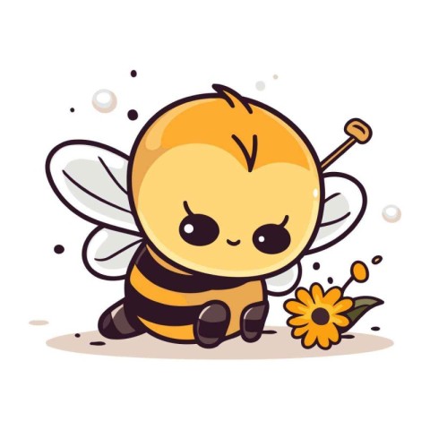 Cute cartoon bee with flower on white background. Vector illustr