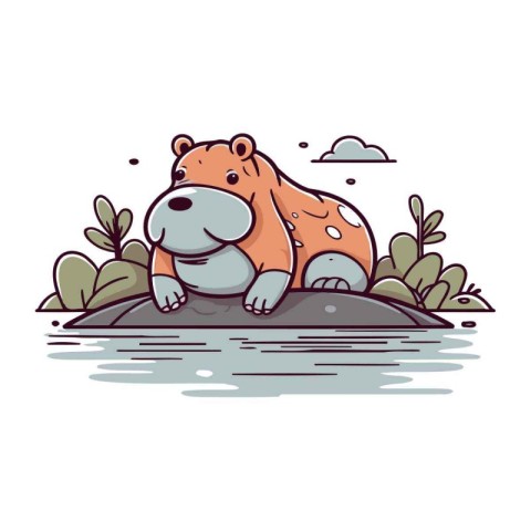 Cute cartoon beaver sitting on the rock. Vector illustration.