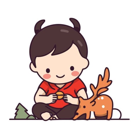 Cute little boy playing with reindeer. Vector illustration.