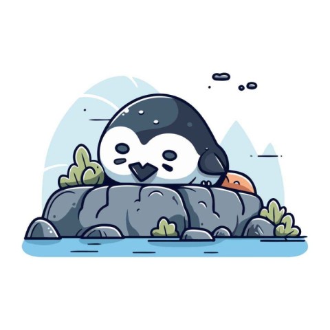 Cute penguin on the rock. Vector illustration in cartoon style.