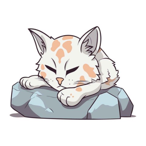 Illustration of a cat sleeping on a rock isolated on a white bac