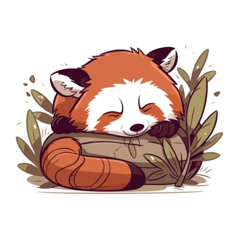 Cute red panda sleeping on a log. vector illustration.