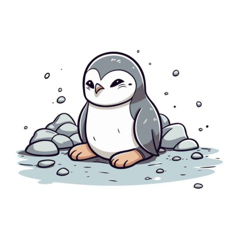 Cute penguin sitting on the rock. Vector cartoon illustration.