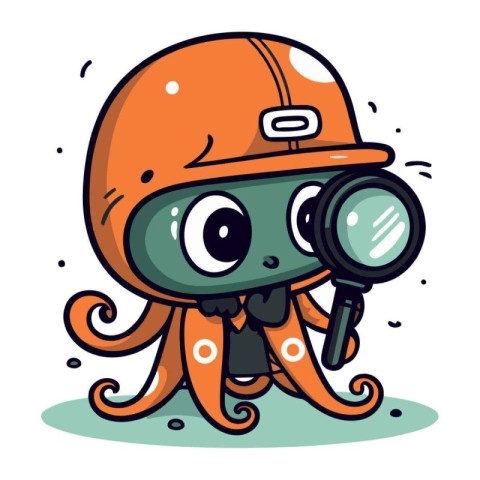 Cute octopus cartoon character with magnifying glass. Vector ill