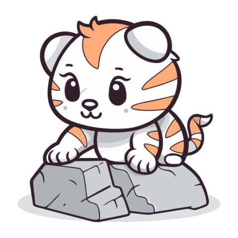 Cute little tiger sitting on a rock. Vector illustration in cart