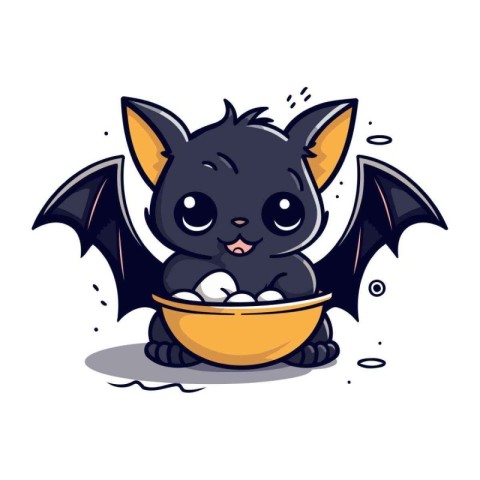 Cute cartoon bat holding a bowl of water. Vector illustration.