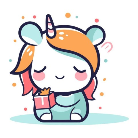 Cute unicorn holding gift box. Vector illustration in flat style