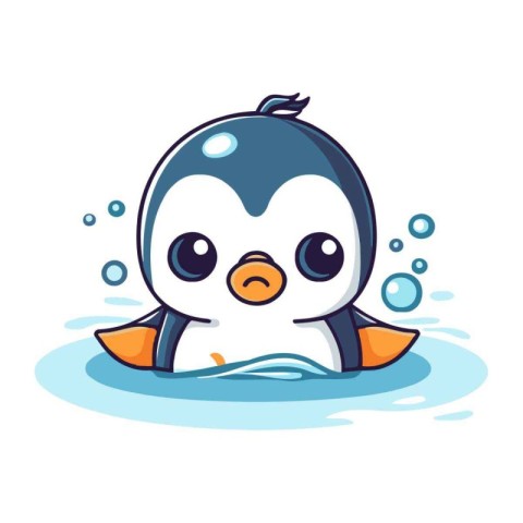 Cute cartoon penguin swimming in the water. Vector illustration.