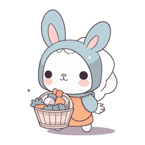 Cute bunny with basket of eggs in cartoon style. Vector illustra