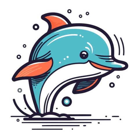 Dolphin jumping out of water. Vector illustration in doodle styl