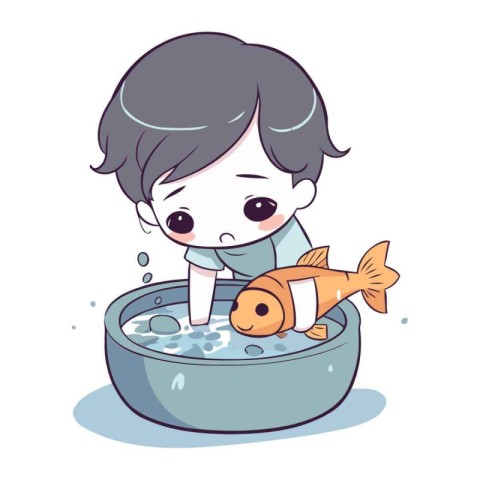 Cute little boy playing with fish in a basin. Vector illustratio