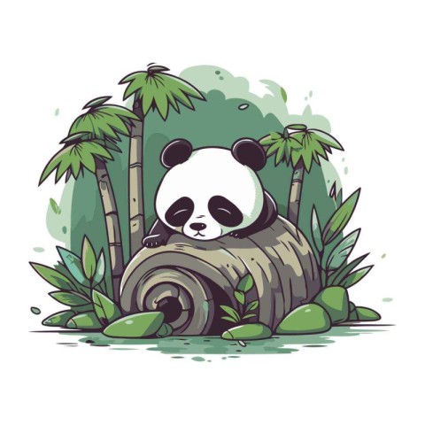 Panda sitting on a log in the jungle. Vector illustration.