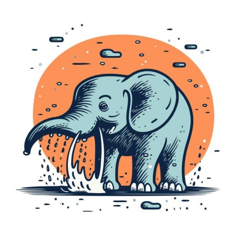 Elephant in the rain. Vector illustration of a wild animal.