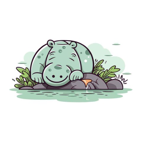 Cute hippopotamus sitting on the rock. Vector illustration.