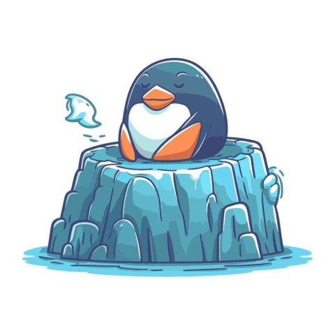 Cute cartoon penguin sitting on the ice. Vector illustration.