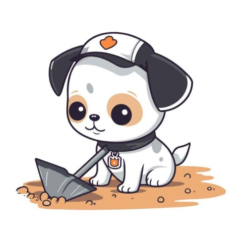 Cute cartoon dog digging a hole in the ground with a shovel