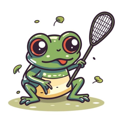 Frog with tennis racket. Vector illustration of funny cartoon fr