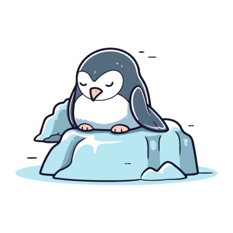 Cute penguin sitting on ice floe. Vector illustration.