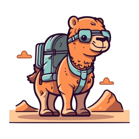 Cute camel with a backpack. Vector illustration in cartoon style