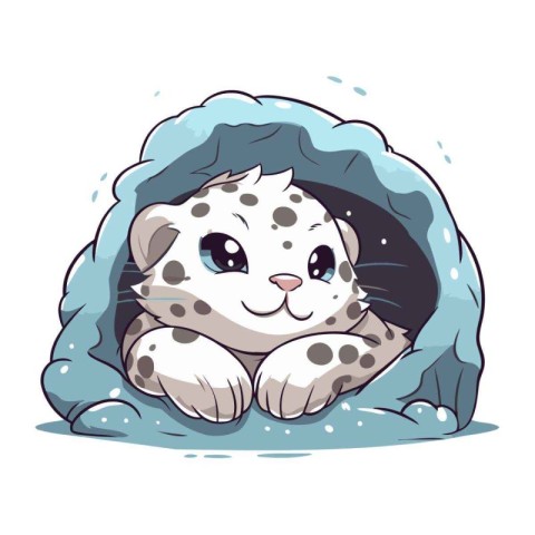 Cute cartoon snow leopard in a blue blanket. Vector illustration