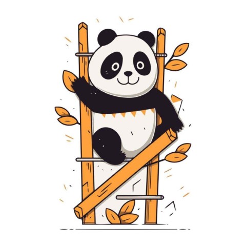 Cute panda bear sitting on a wooden fence. Vector illustration.