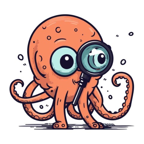 Octopus with magnifying glass. Vector illustration of a cartoon