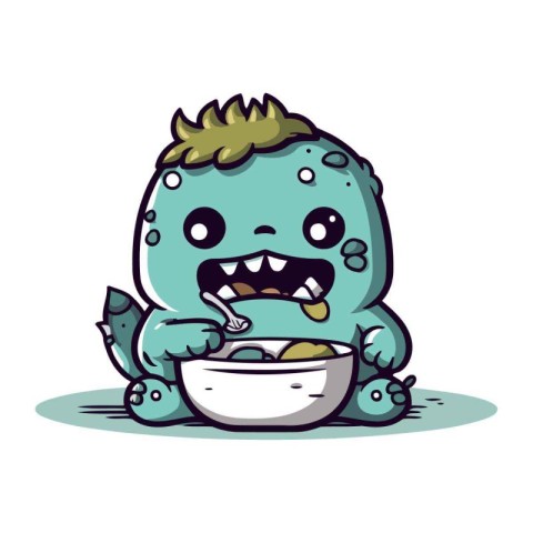 Funny cartoon monster eating a bowl of food. Vector illustration