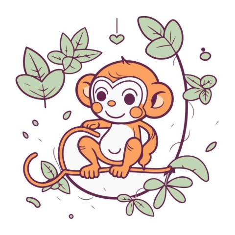 Cute cartoon monkey sitting on a branch with leaves. Vector illu