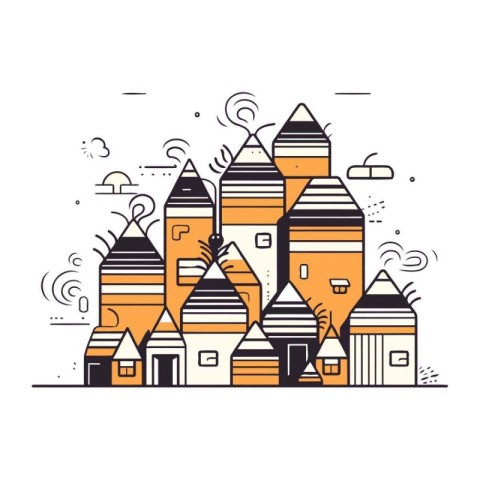 Colorful vector illustration of a cute cartoon houses in the cit