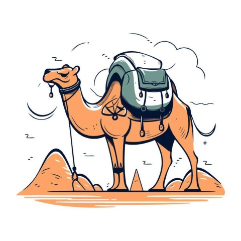 Camel with a backpack on the beach. Vector hand drawn illustrati