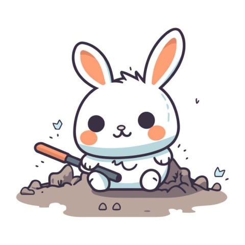 Cute rabbit with a shovel in the ground. Vector illustration.