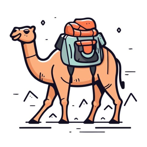 Camel with a backpack. Vector illustration in flat cartoon style