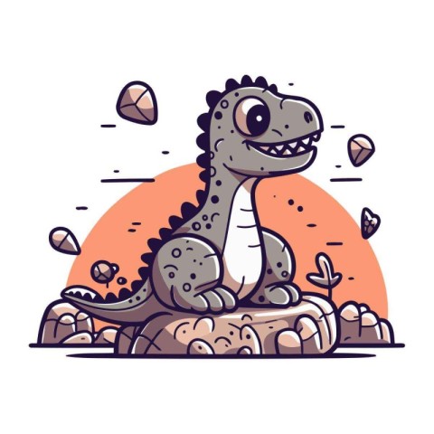 Cute cartoon dinosaur sitting on stone. Vector illustration in a