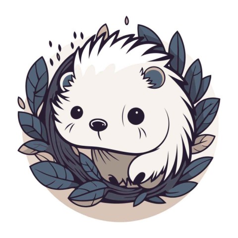 Cute hedgehog in a nest of leaves. Vector illustration.