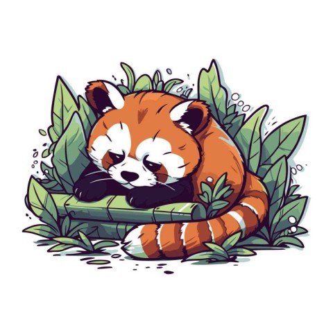 Cute red panda sleeping in bamboo basket. Vector illustration.