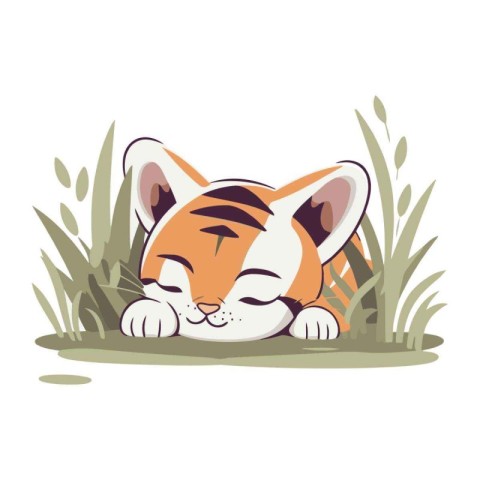 Cute tiger sleeping in the grass. Vector illustration on white b