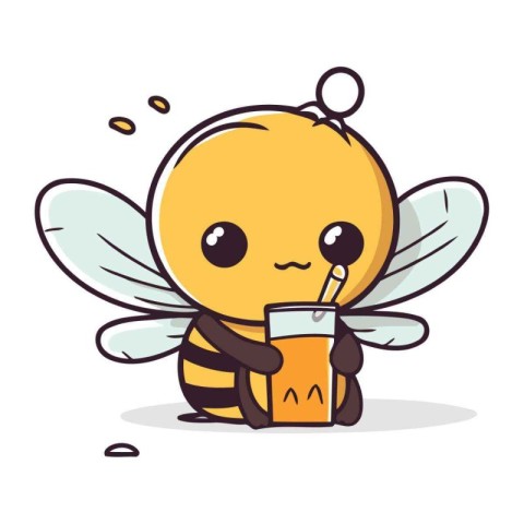 Cute bee character holding a glass of juice. Vector illustration