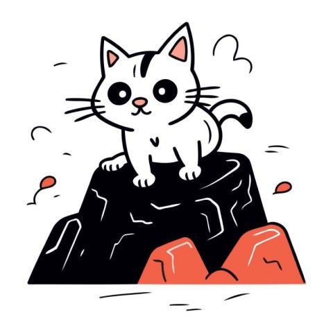 Cute cartoon cat sitting on the top of a rock. Vector illustrati