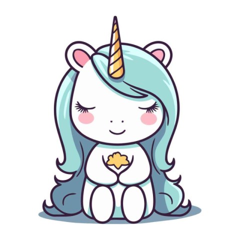 Cute cartoon unicorn sitting and holding a heart. Vector illustr