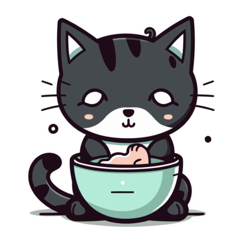 Cute cat in a bowl of milk. Vector cartoon illustration.