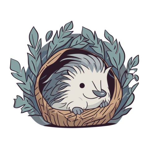 Cute hedgehog in the nest with leaves. Vector illustration.