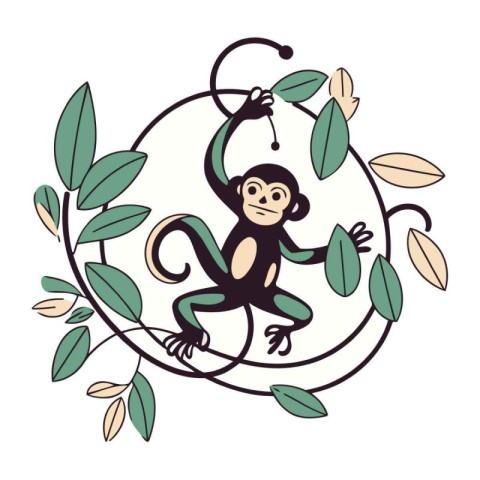 Cute monkey in a wreath of leaves. Vector illustration.